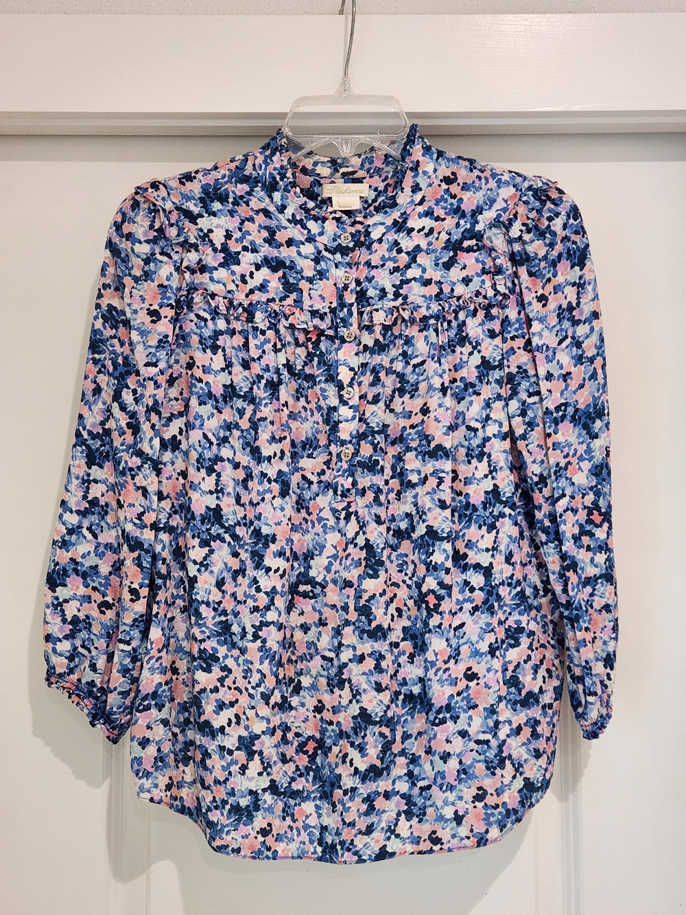 Shoshana Pink & Blue Floral Half Button Up Long Sleeve Blouse
